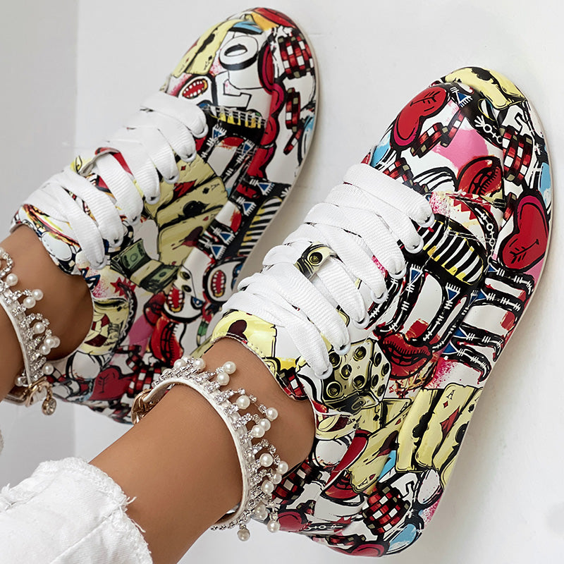 Women's Casual Round Toe Thick Sole Lace-Up Sneakers, Random Print Design, Comfortable Sporty Shoes For Daily Wear See size chart under “more details”