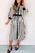 Virginia- Black Stripe 3/4 Puff Sleeve Shirt Style Button Down Midi Dress