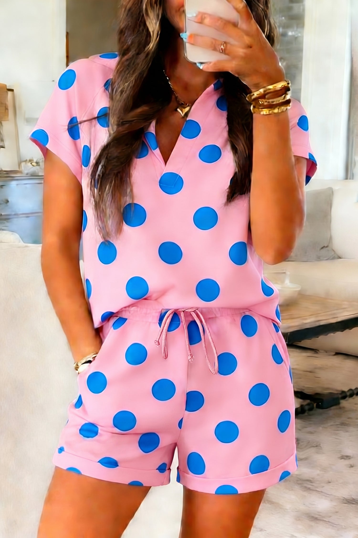 Polka Dot V-Neck Tee & Drawstring Shorts Set
