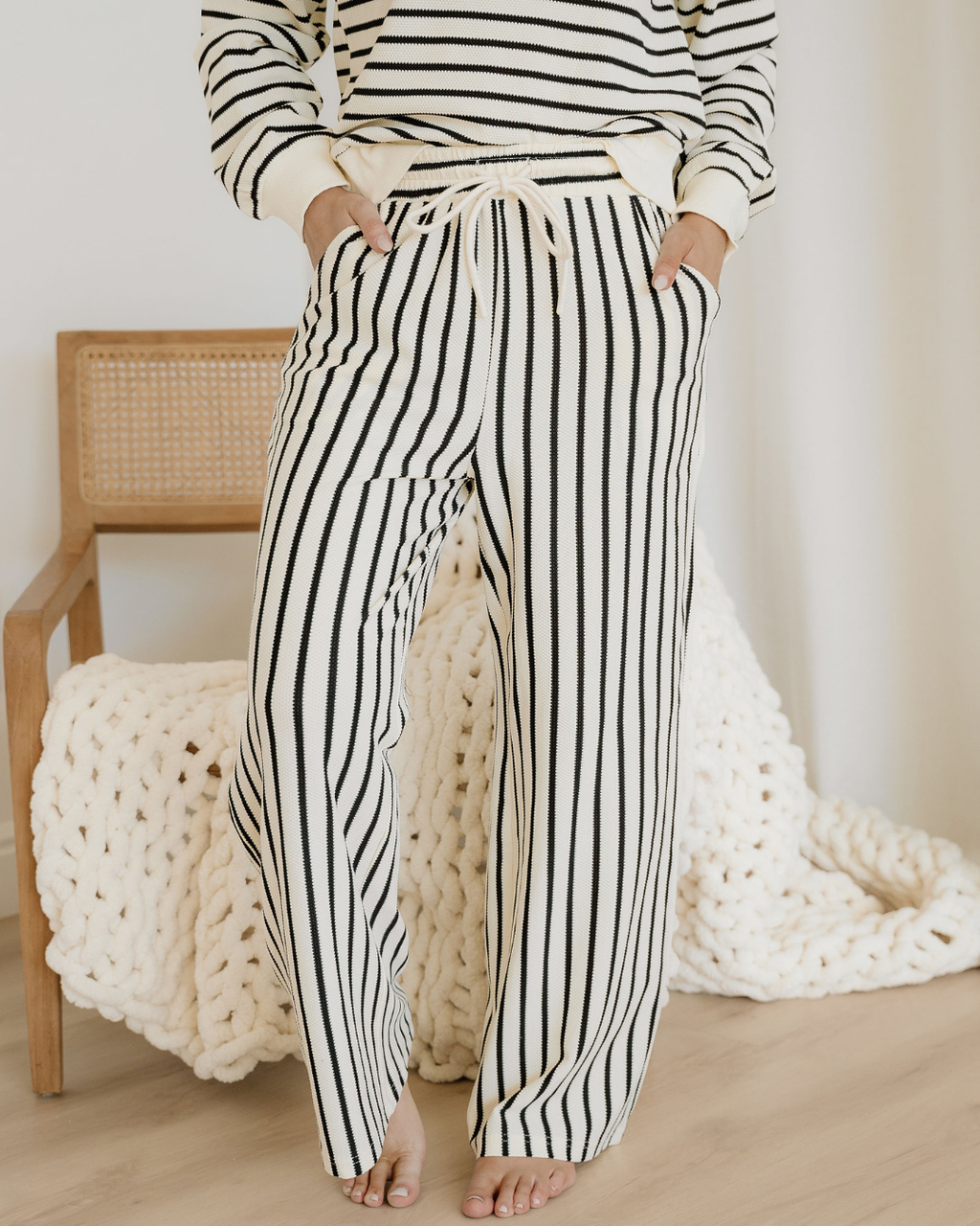 Talia Stripe Ruffle Trim Drop Shoulder Top Drawstring Loose Pant Set