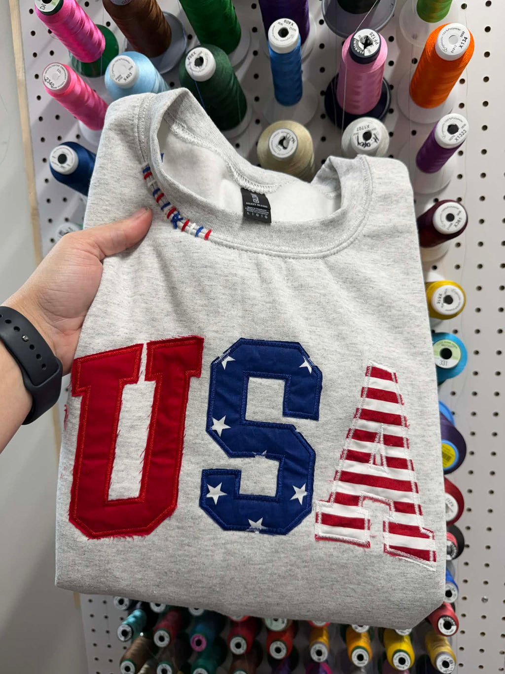 Patriotic USA Red White and Blue Raw Edge Applique Embroidered Shirt