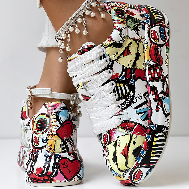 Women's Casual Round Toe Thick Sole Lace-Up Sneakers, Random Print Design, Comfortable Sporty Shoes For Daily Wear See size chart under “more details”