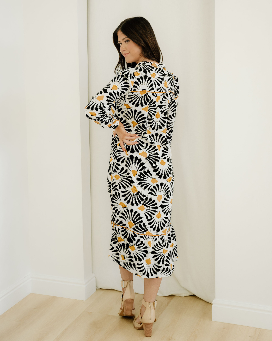 Lucille Abstract Floral Print Split V Neck Long Dress with Sleeves
