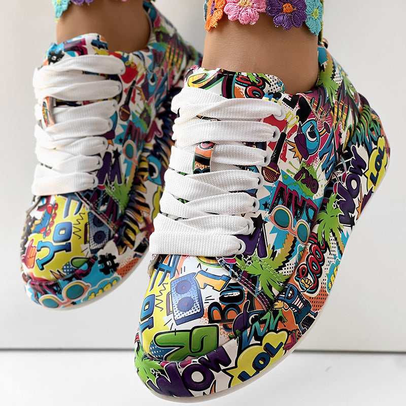 Women's Casual Round Toe Thick Sole Lace-Up Sneakers, Random Print Design, Comfortable Sporty Shoes For Daily Wear See size chart under “more details”