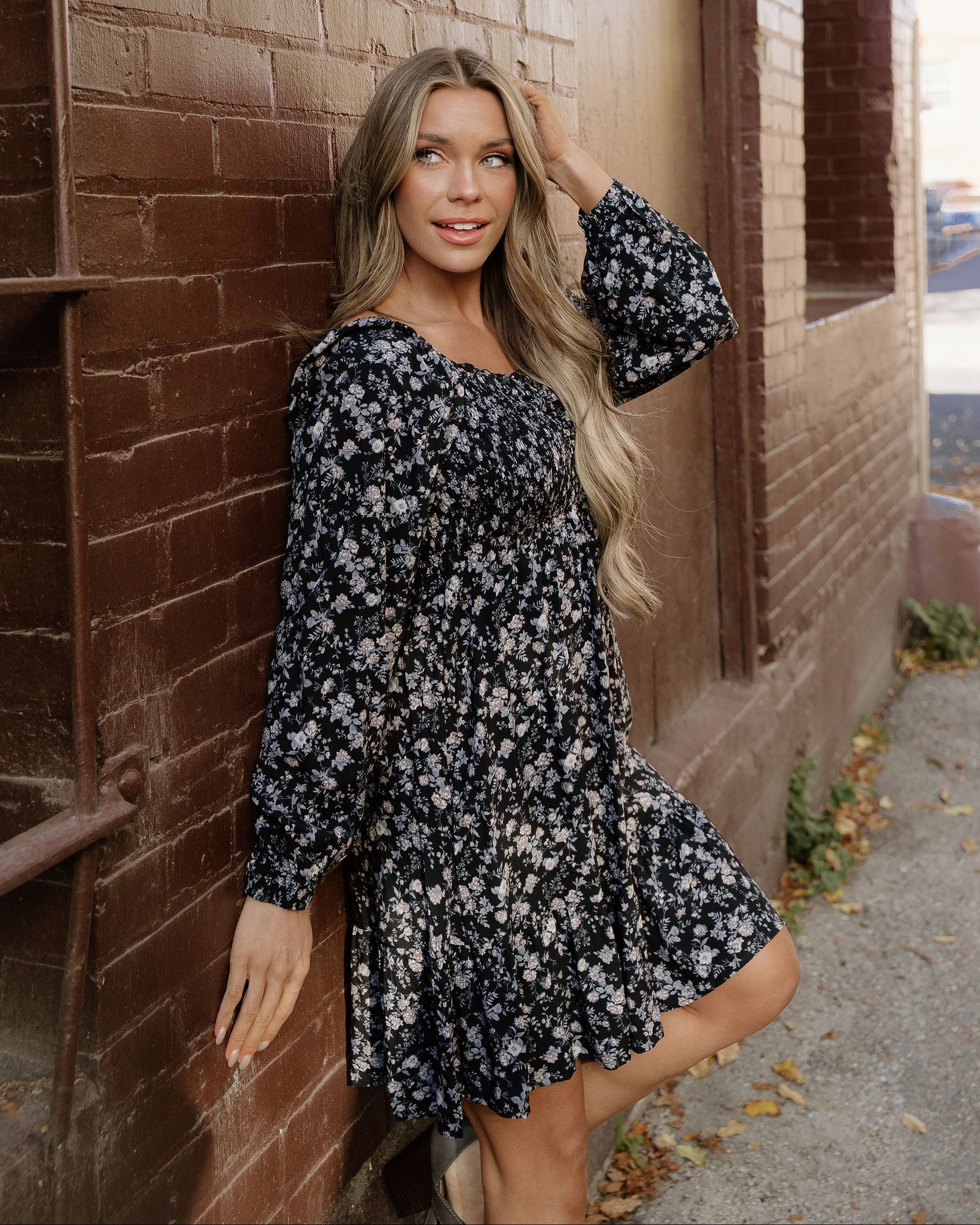 Isabella Long Sleeve Frilly Shirred Square Neck Mini Dress