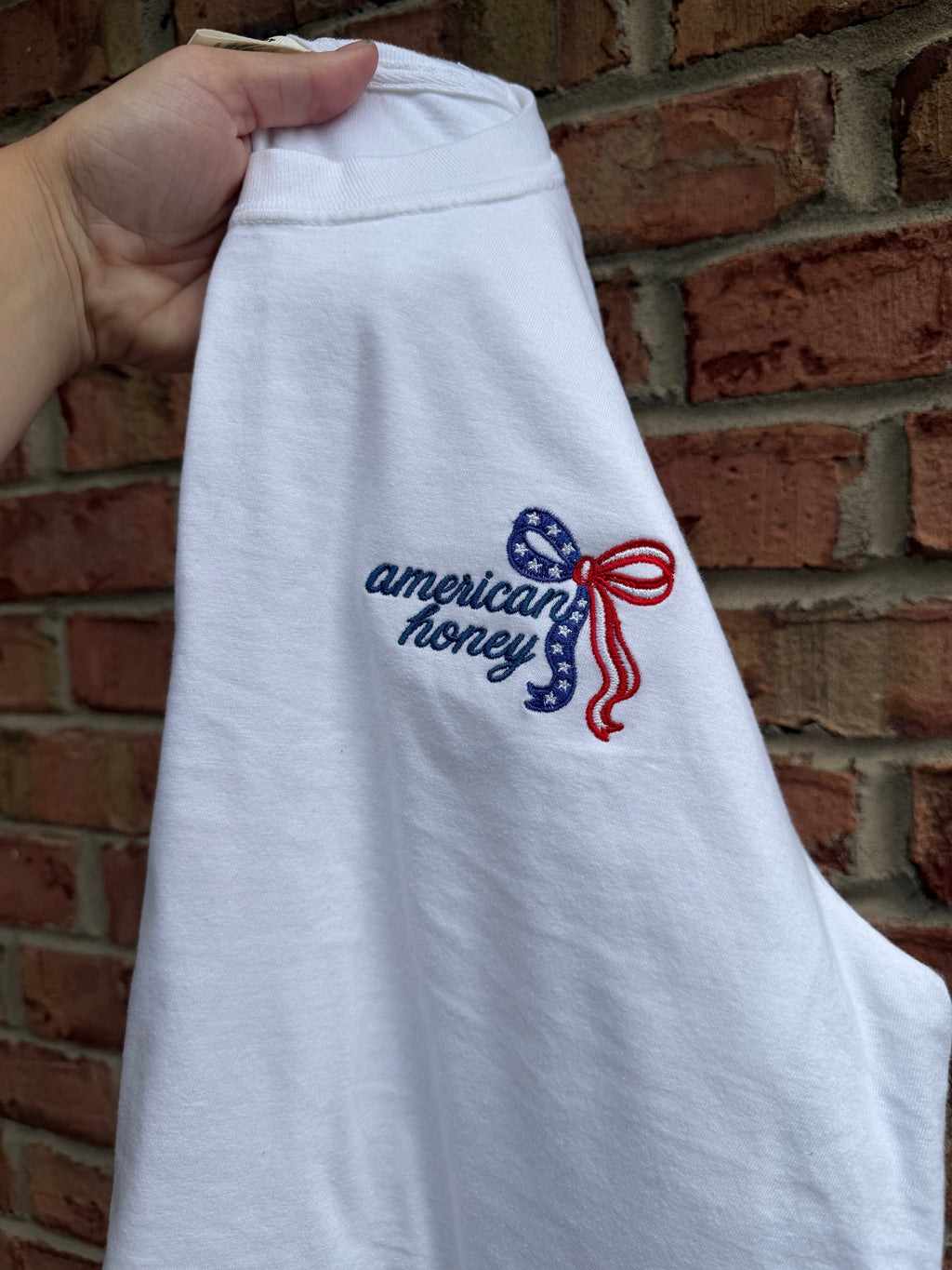 American Honey Embroidered Bow Shirt | Patriotic Coquette Comfort Colors Tee