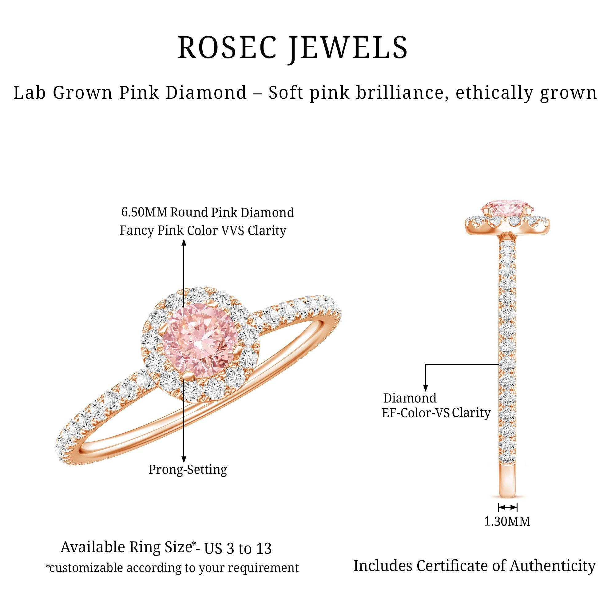 Lab Grown Pink White Diamond Halo Engagement Ring with IGI Certificate