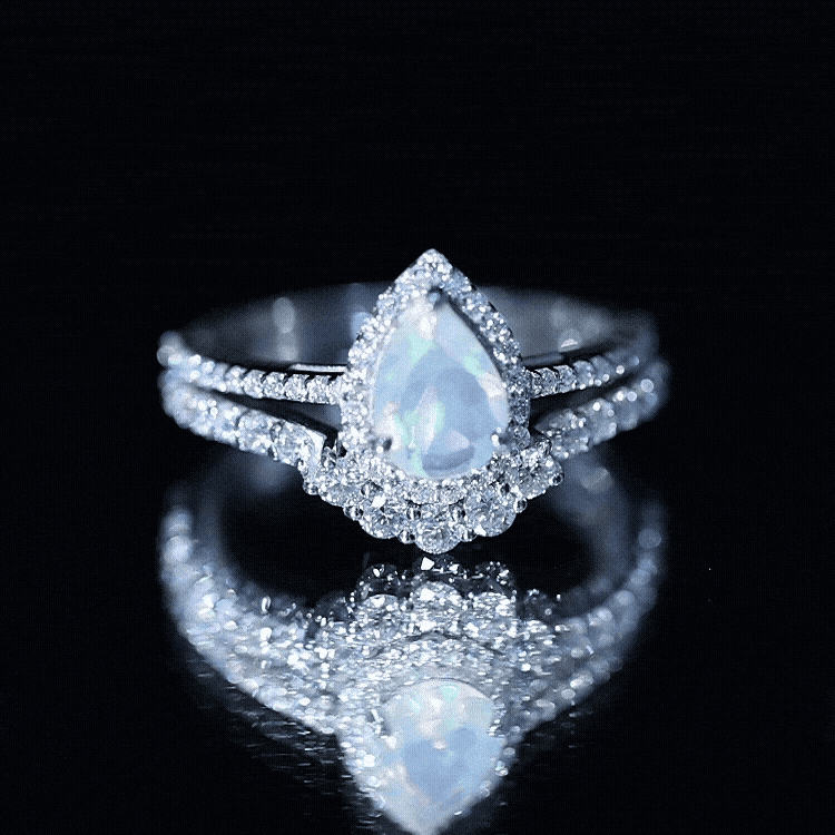 Certified Natural Ethiopian Opal Teardrop Wedding Engagement Ring Set of 2