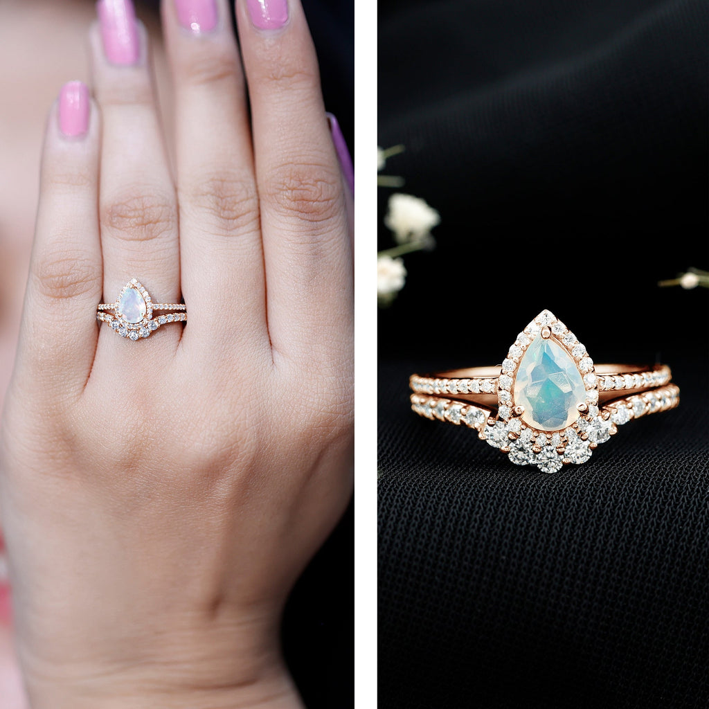 Certified Natural Ethiopian Opal Teardrop Wedding Engagement Ring Set of 2