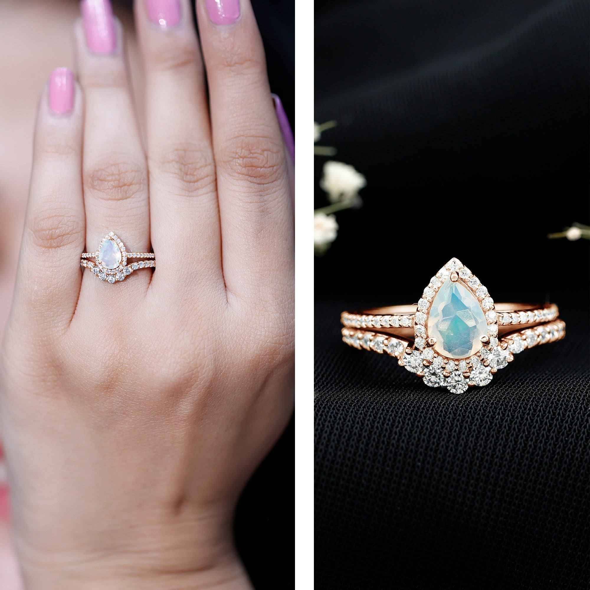Certified Natural Ethiopian Opal Teardrop Wedding Engagement Ring Set of 2