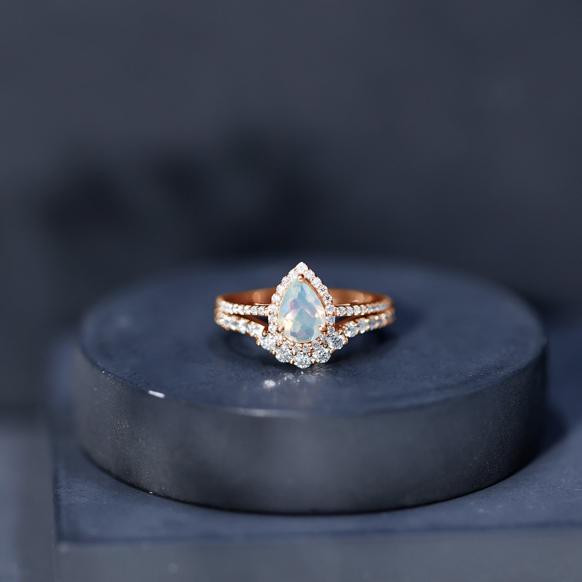 Certified Natural Ethiopian Opal Teardrop Wedding Engagement Ring Set of 2