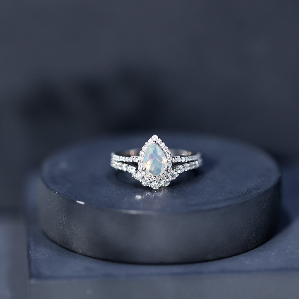 Certified Natural Ethiopian Opal Teardrop Wedding Engagement Ring Set of 2