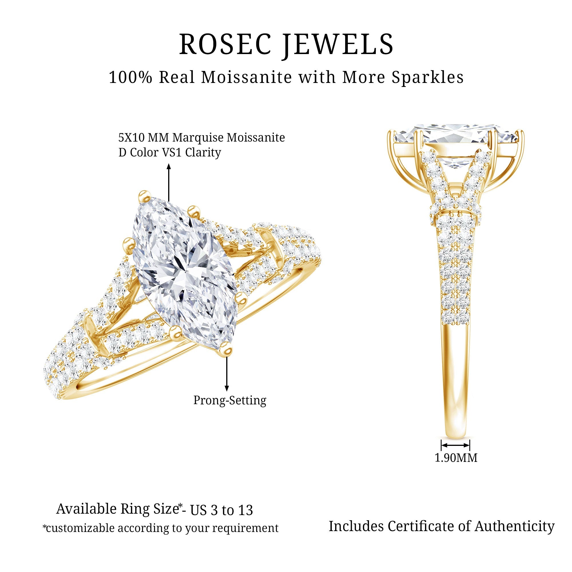 1 Carat Marquise Cut Lab Grown Diamond Split Shank Engagement Ring with IGI Certificate