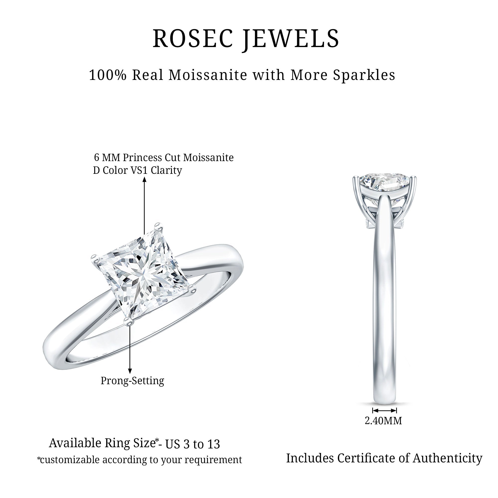Solitaire 2 Carat Lab Created Diamond Princess Cut Engagement Ring IGI Certified