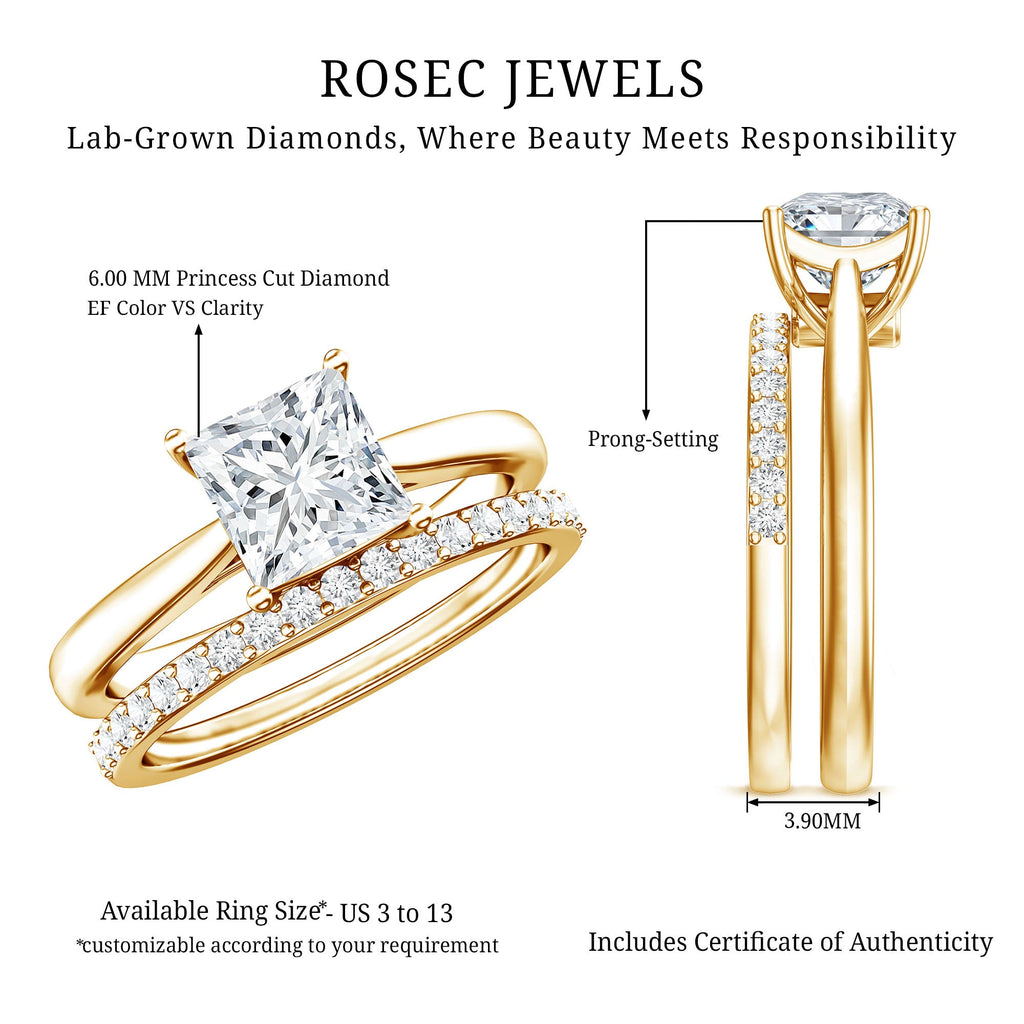 IGI Certified 1 Carat Princess Cut Lab Grown Diamond Solitaire Bridal Ring Set