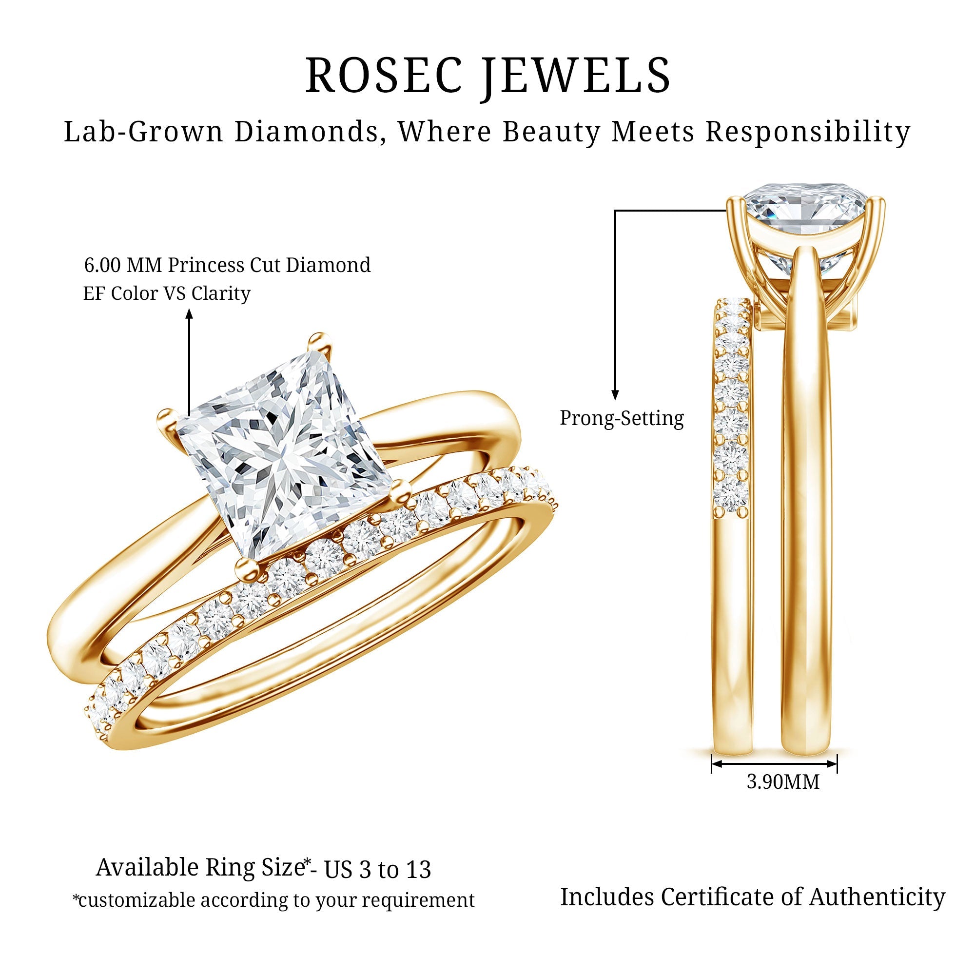 IGI Certified 1 Carat Princess Cut Lab Grown Diamond Solitaire Bridal Ring Set
