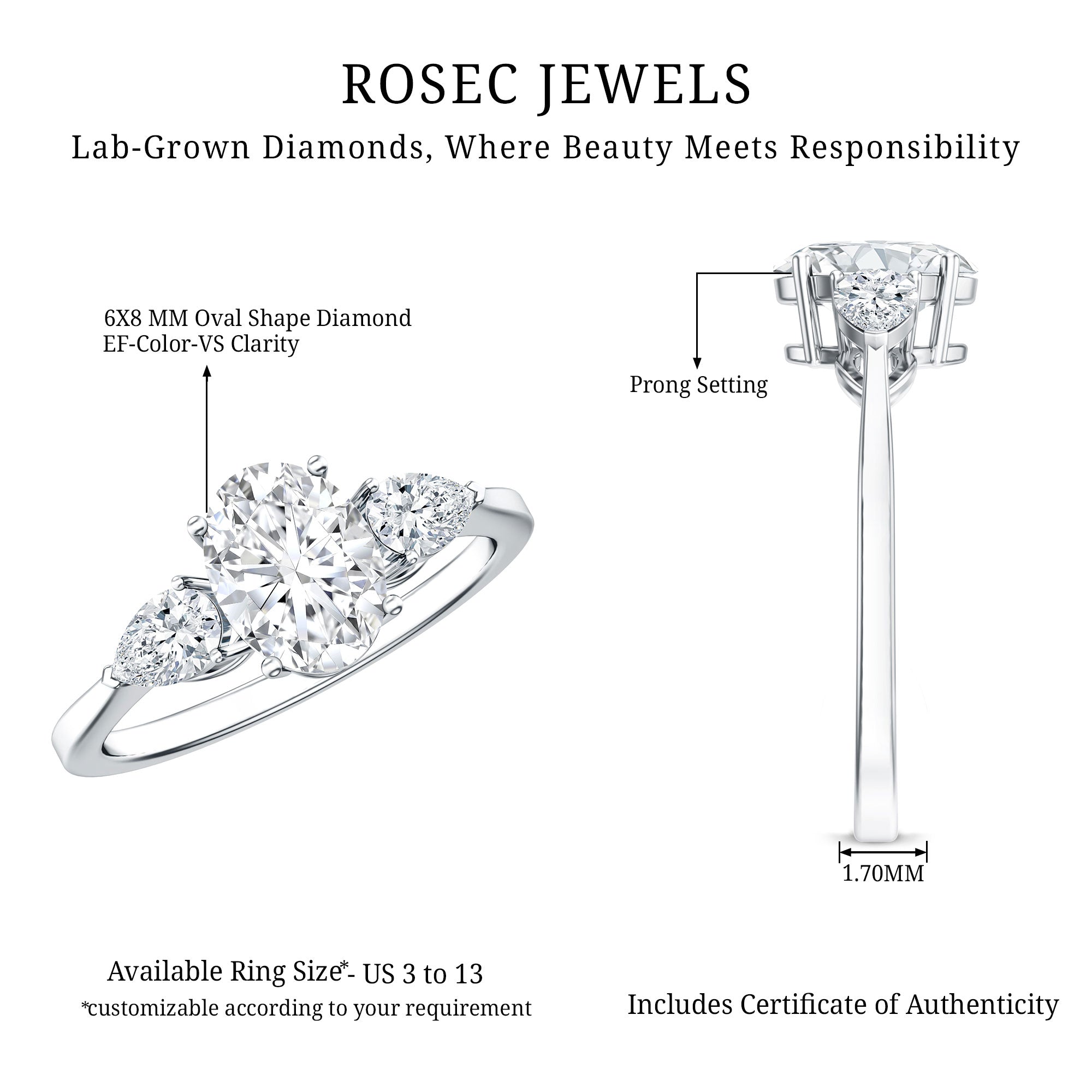 1 Carat Lab Grown Diamond Three Stone Engagement Ring with IGI Certificate