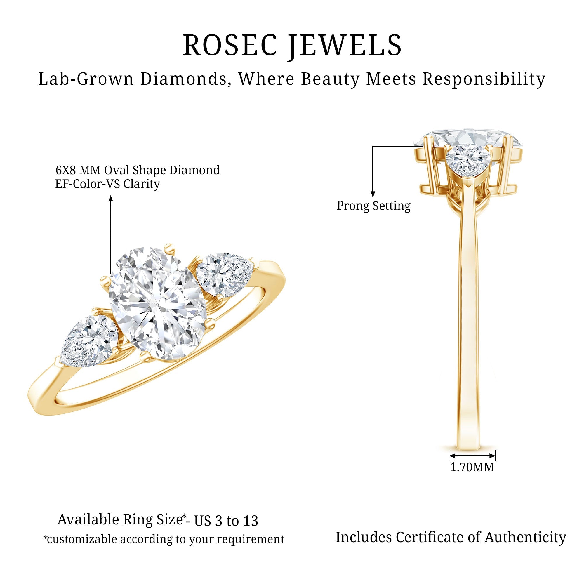 1 Carat Lab Grown Diamond Three Stone Engagement Ring with IGI Certificate