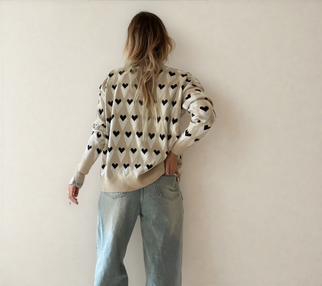 Brynlee Geometric Heart Print Ribbed Trim Loose Sweater