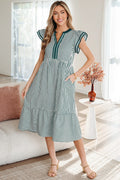 Yessica - Green Stripe Double Ruffled Short Sleeve Midi Dress