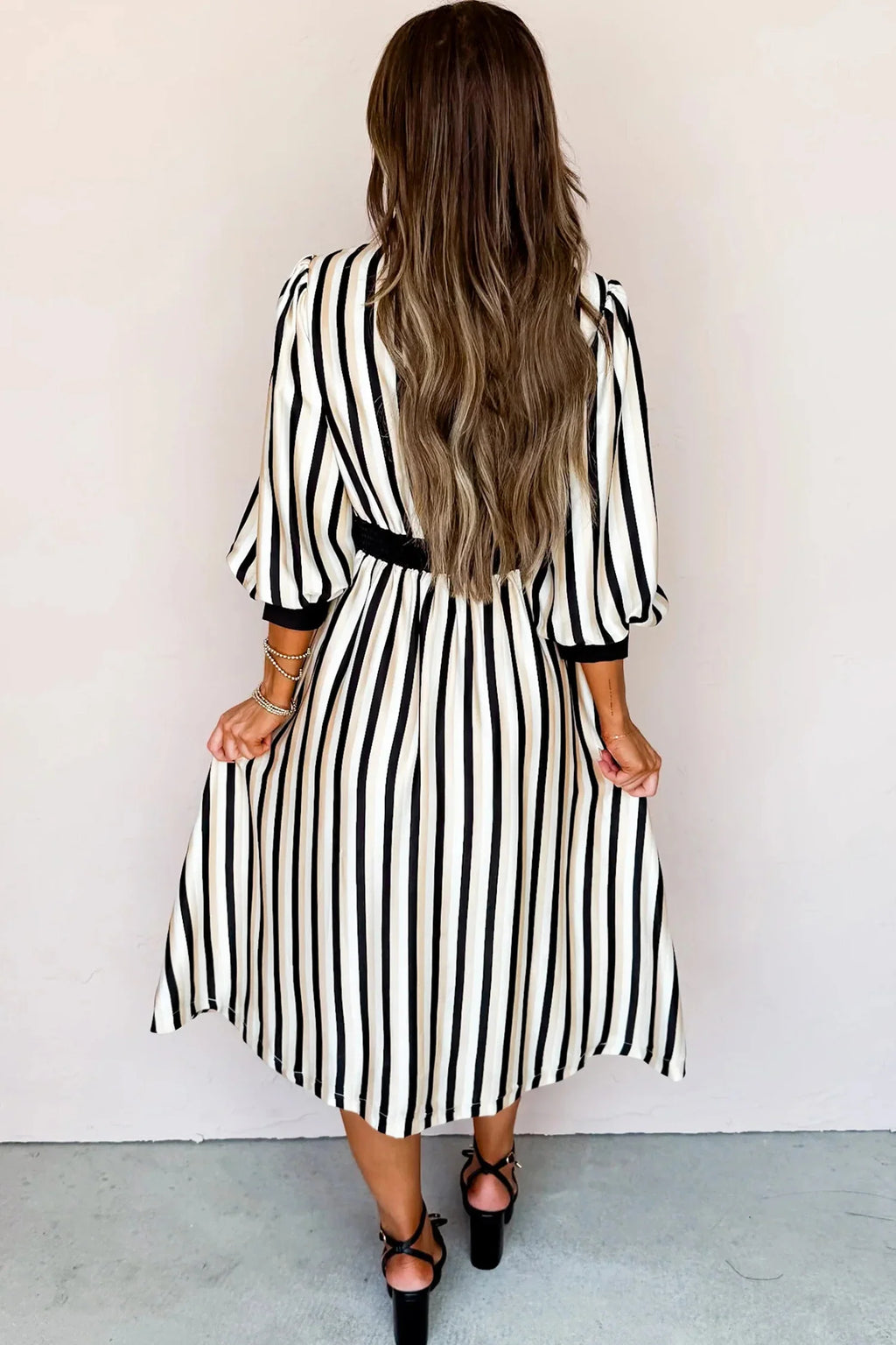 Virginia- Black Stripe 3/4 Puff Sleeve Shirt Style Button Down Midi Dress